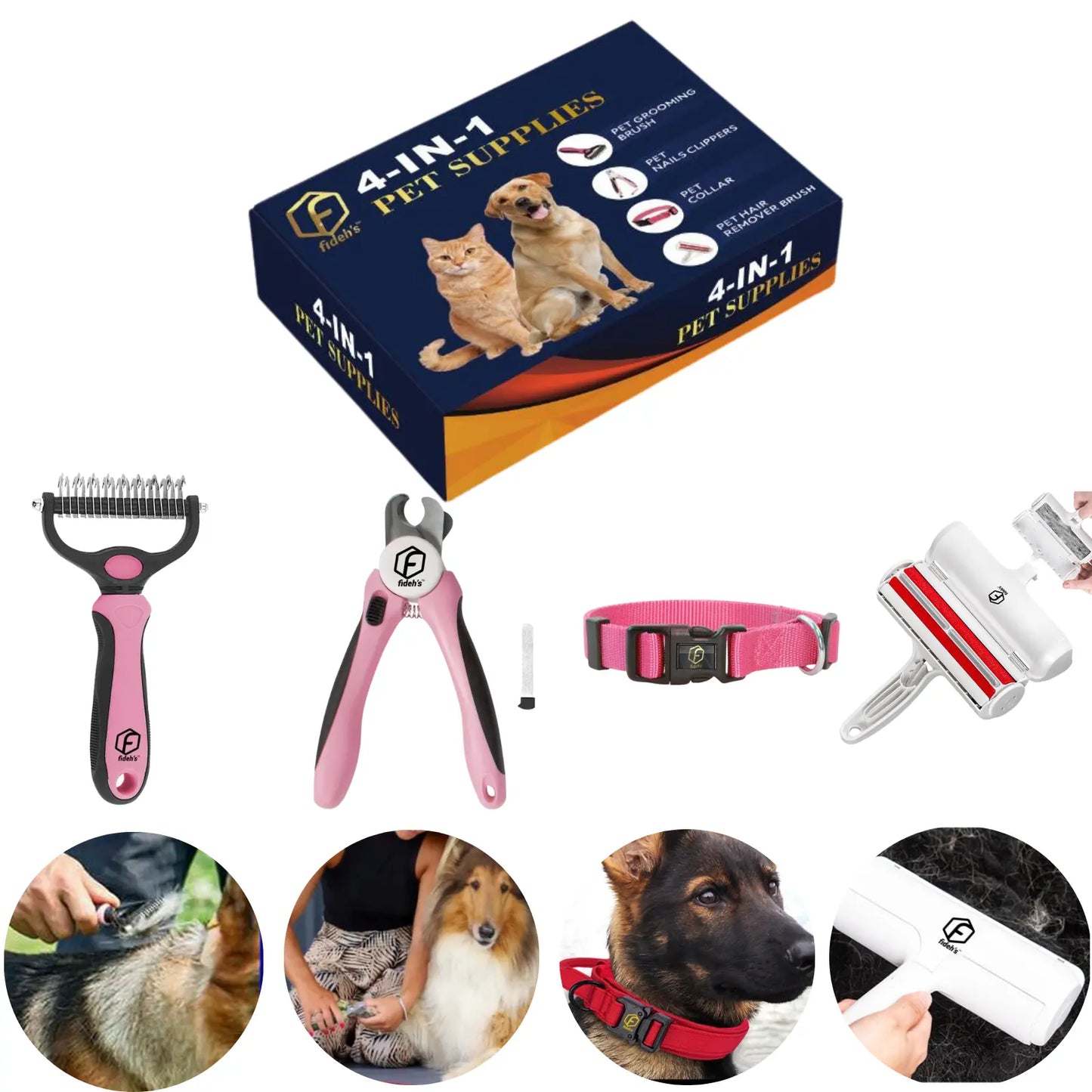4-in-1 Pet Care Set: Cat and Dog Hair Remover Brush, Double-Sided Grooming Brush, Nail Clippers, and Nylon Collar for Medium Dogs