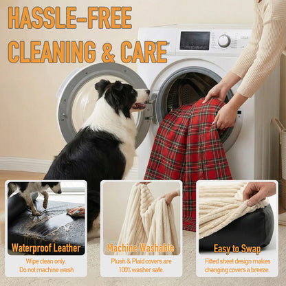 3-in-1 Orthopedic Dog Bed Bundle with Waterproof Leather, Corduroy, and Holiday Plaid Covers | Thick Memory Foam Support (36" x 24")