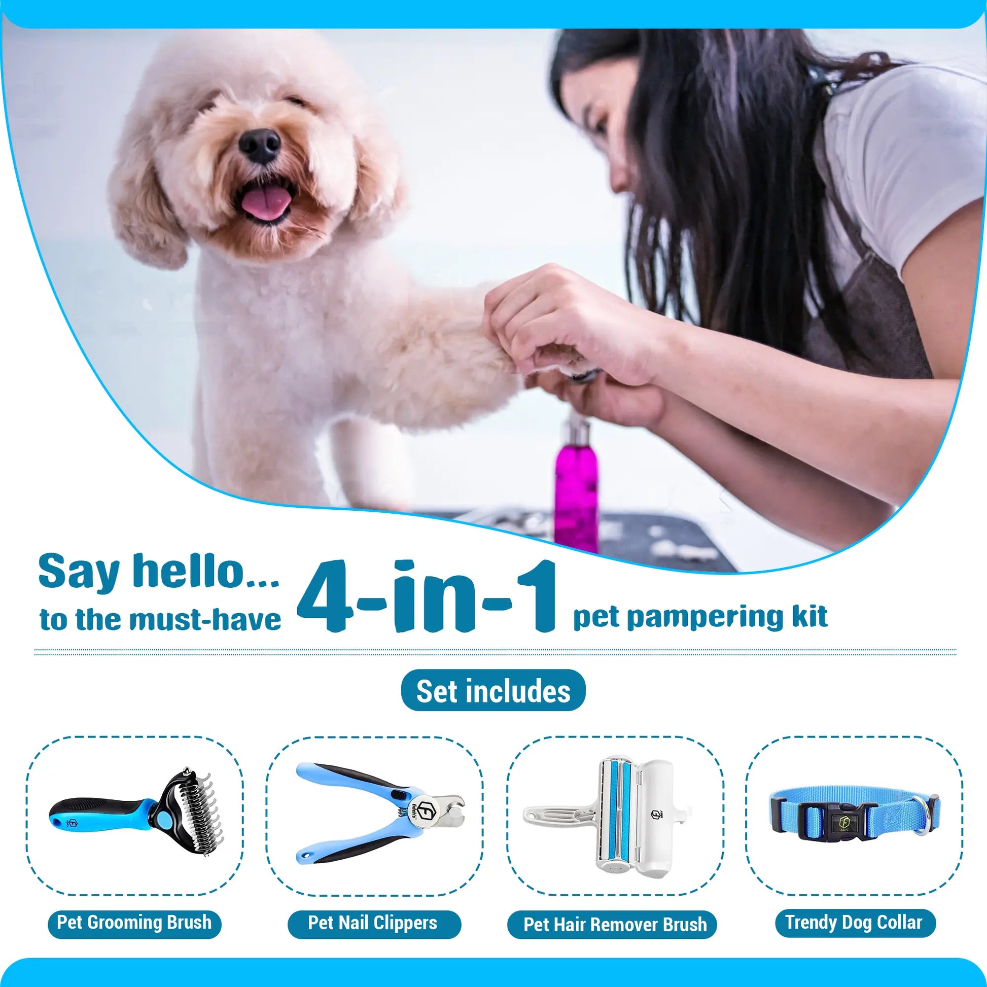 4-in-1 Pet Care Set: Cat and Dog Hair Remover Brush, Double-Sided Grooming Brush, Nail Clippers, and Nylon Collar for Medium Dogs