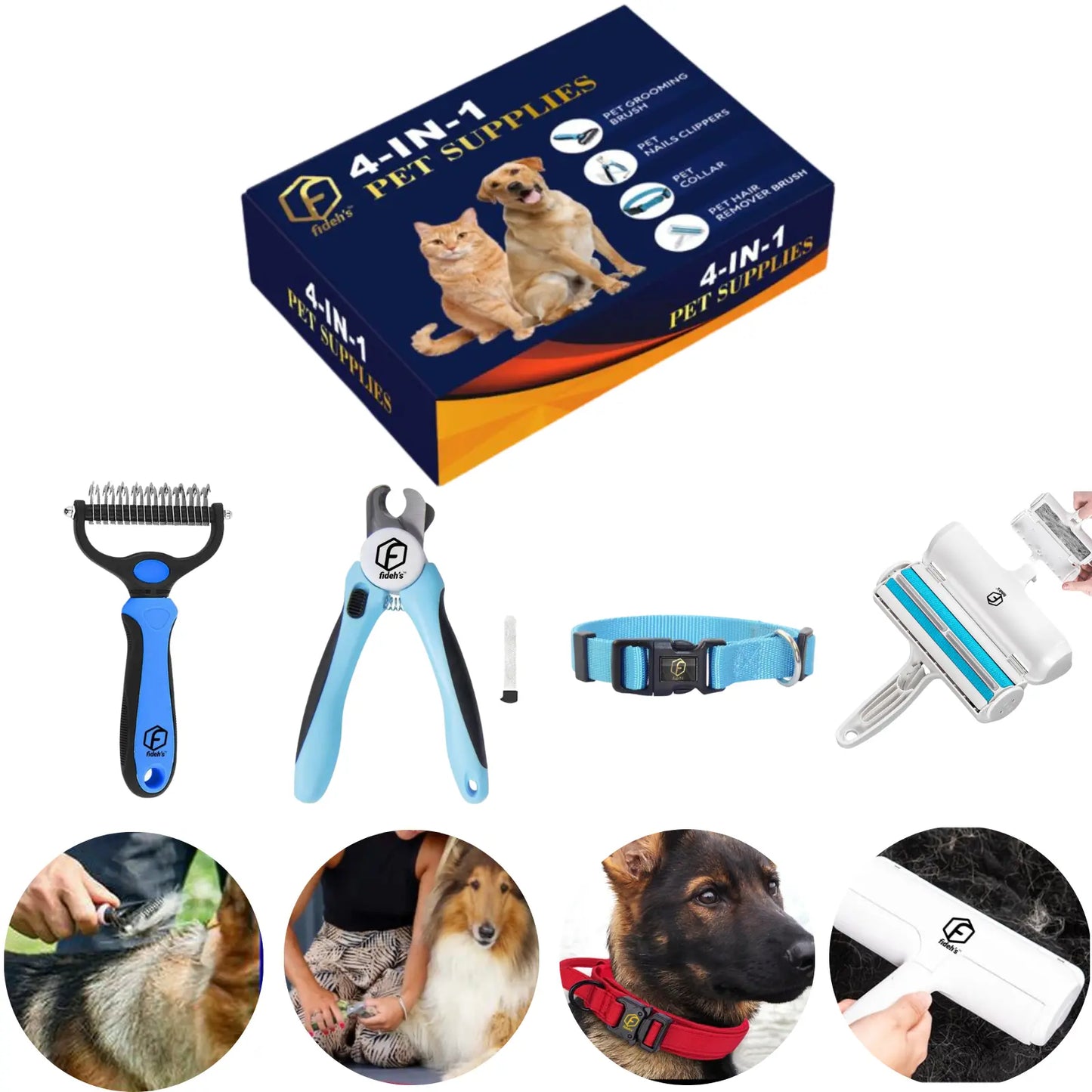 4-in-1 Pet Care Set: Cat and Dog Hair Remover Brush, Double-Sided Grooming Brush, Nail Clippers, and Nylon Collar for Medium Dogs