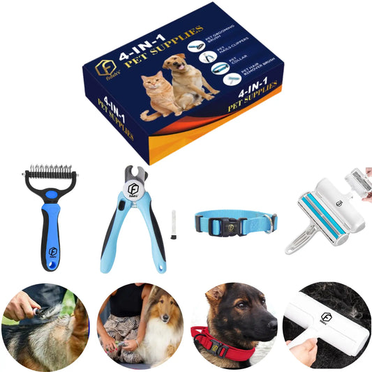 4-in-1 Pet Care Set: Cat and Dog Hair Remover Brush, Double-Sided Grooming Brush, Nail Clippers, and Nylon Collar for Medium Dogs