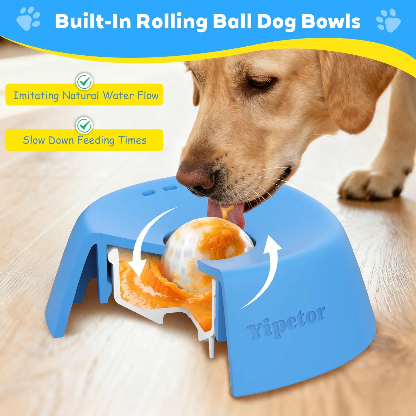 Slow Feeder Dog Bowls with Built-In Rolling Ball to Prevent Spill, Calms Anxiety