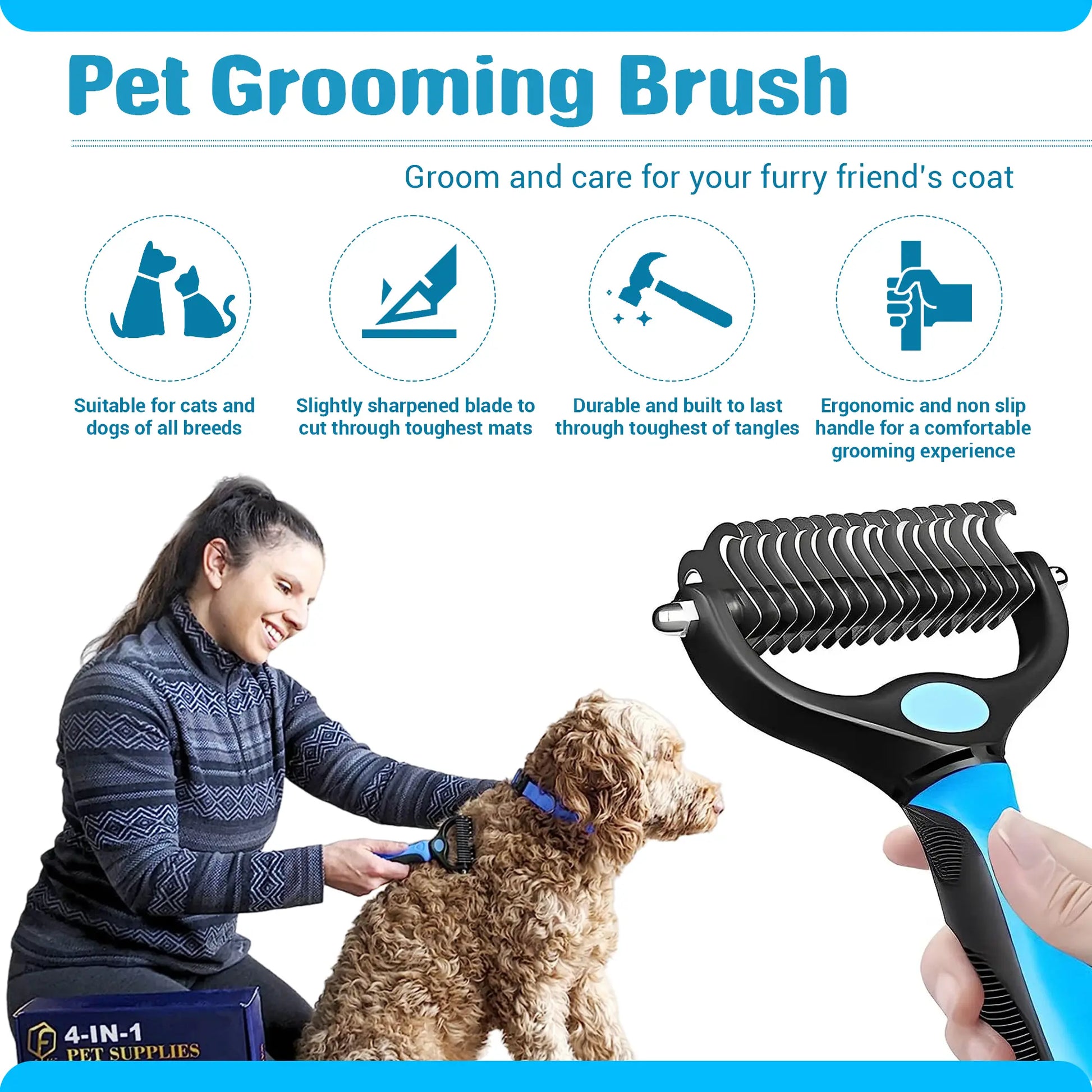 4-in-1 Pet Care Set: Cat and Dog Hair Remover Brush, Double-Sided Grooming Brush, Nail Clippers, and Nylon Collar for Medium Dogs