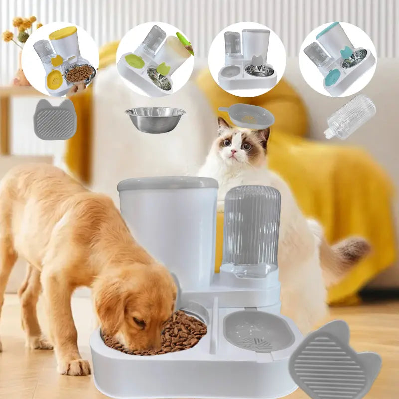 Automatic Pet Bowl Feeder and Water Dispenser, Integrated Bowl for Food Storage