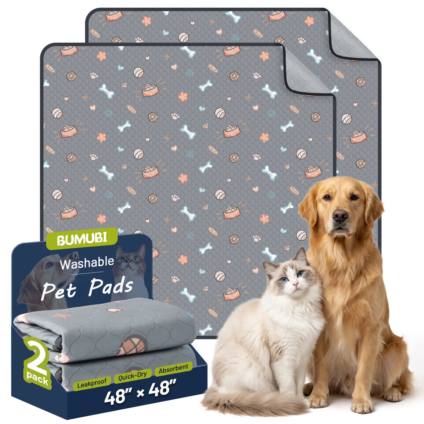 2-Pack Washable Pee Pads: Super Absorbent, Waterproof & Leak-Proof, Non-Slip, Ideal for Training, Crates, Sofas, Cars, & More