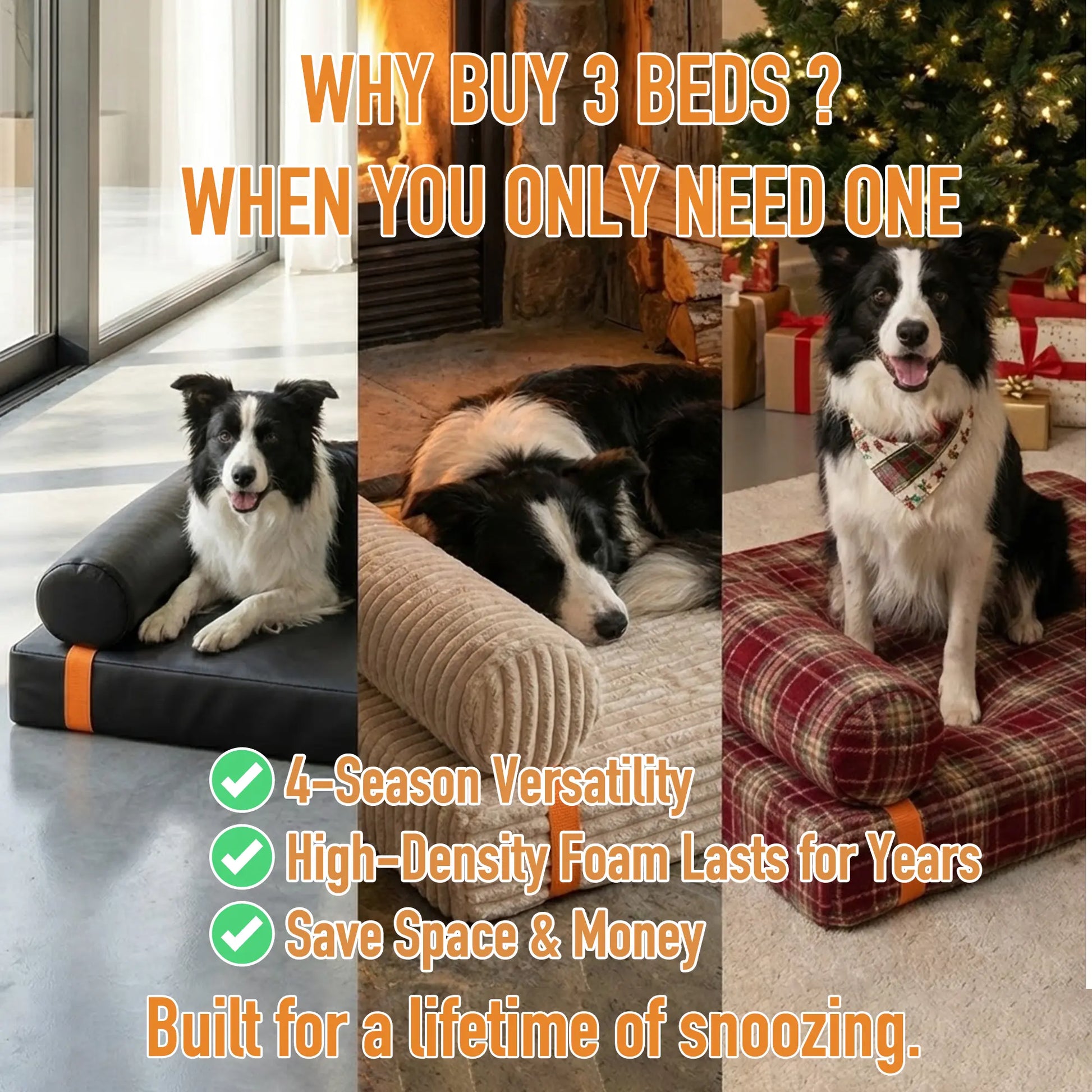 3-in-1 Orthopedic Dog Bed Bundle with Waterproof Leather, Corduroy, and Holiday Plaid Covers | Thick Memory Foam Support (36" x 24")