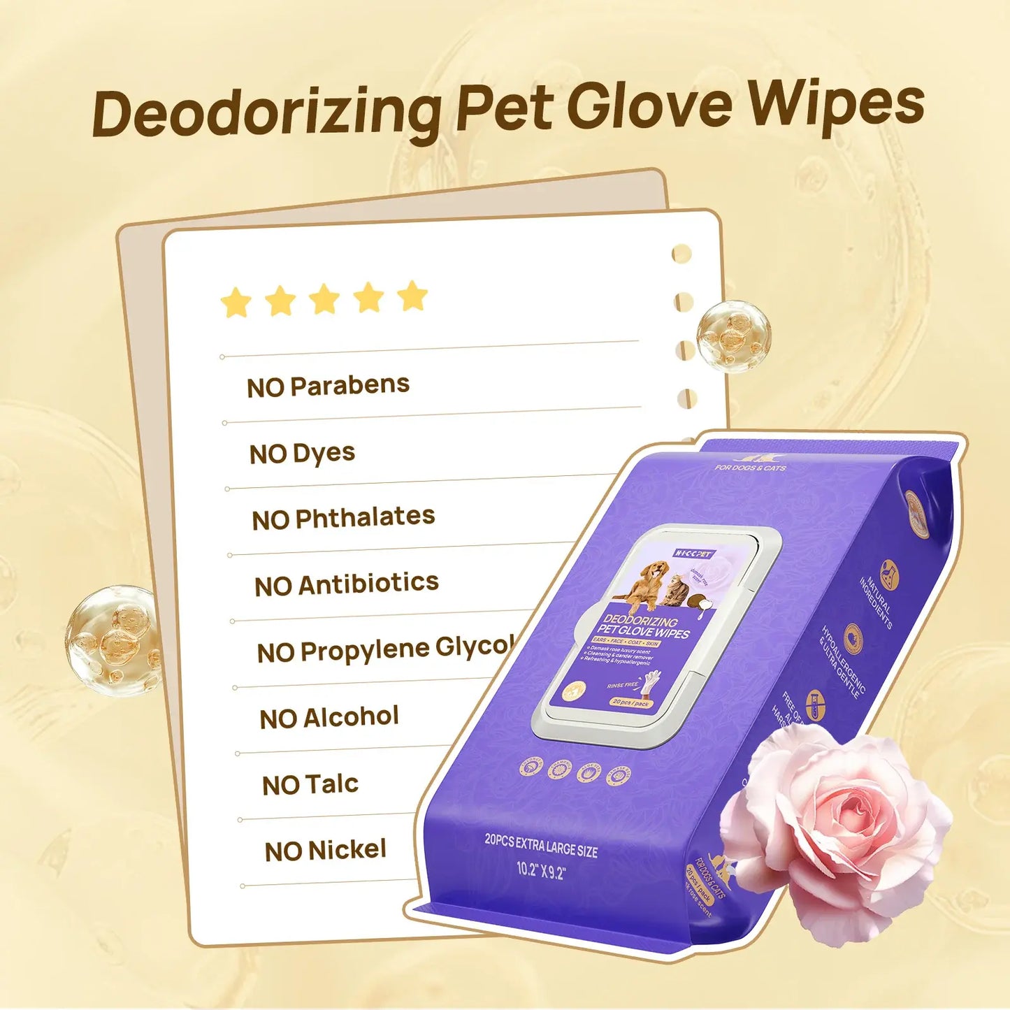 Pet Grooming Wipes - 20Pcs Disposable Dog & Cat Hair Removal Tool, Hypoallergenic No-Rinse, Deodorizing, Natural Oils Formulated, Sticky Hair Control, Outdoor Use Skin Care