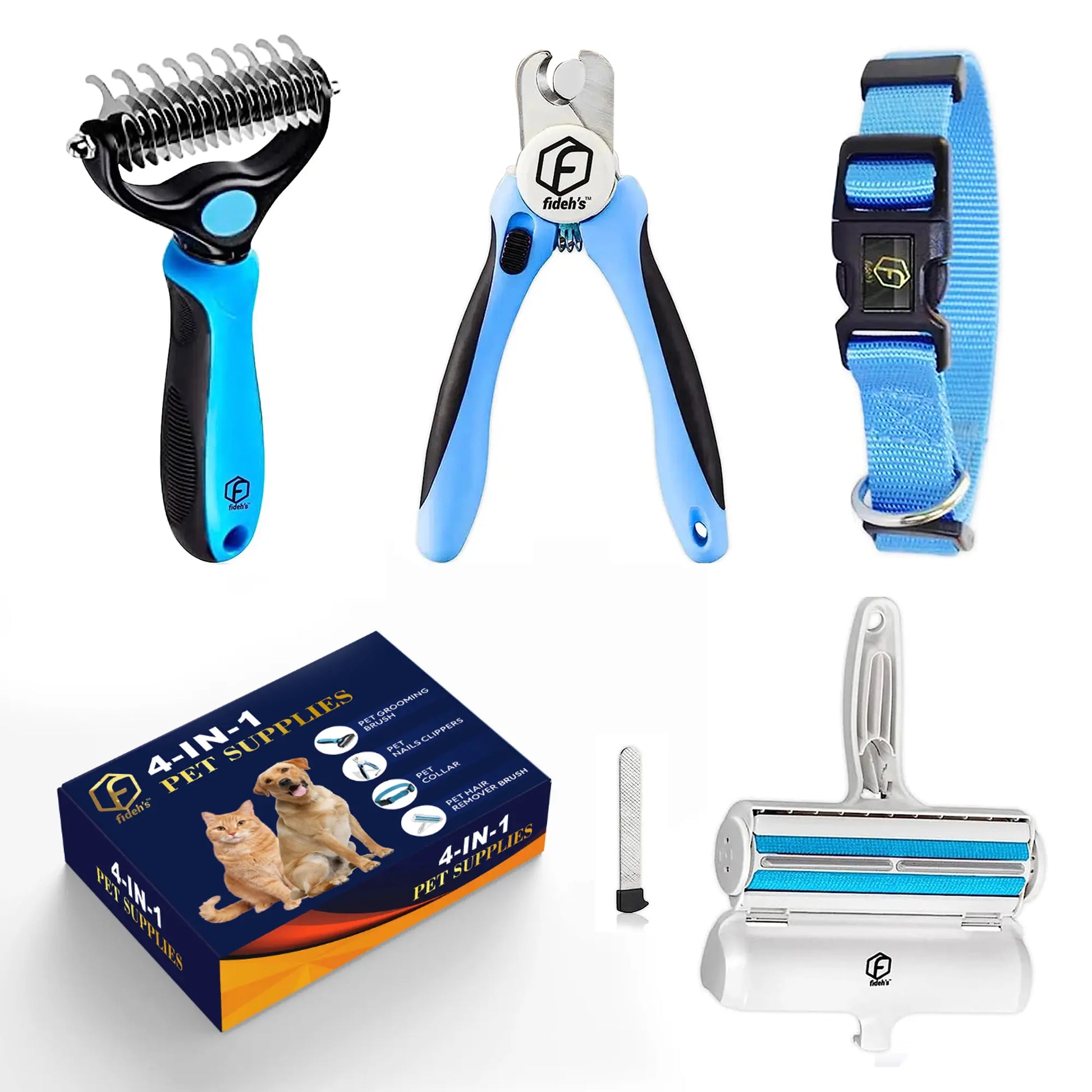 4-in-1 Pet Care Set: Cat and Dog Hair Remover Brush, Double-Sided Grooming Brush, Nail Clippers, and Nylon Collar for Medium Dogs